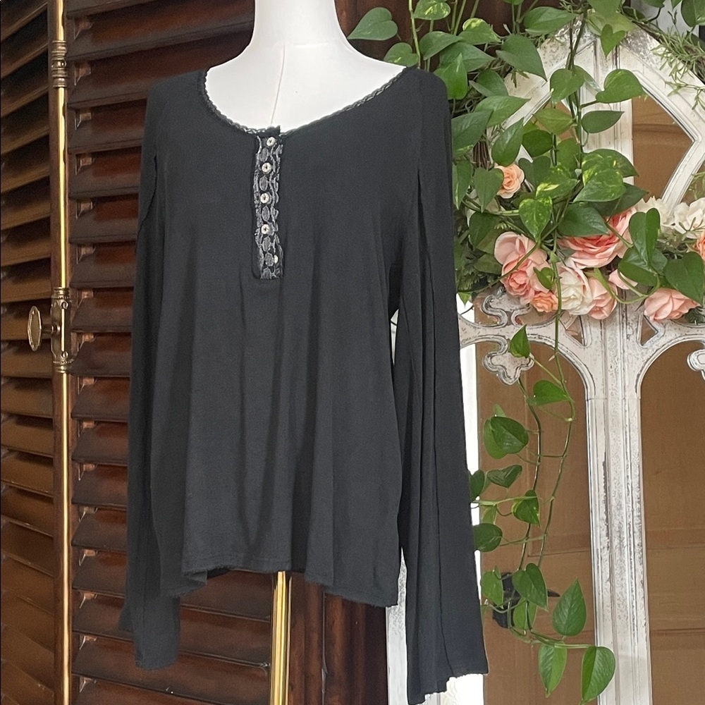 POL Flare Sleeve Black BOHO Henley Women's Top Blouse Large